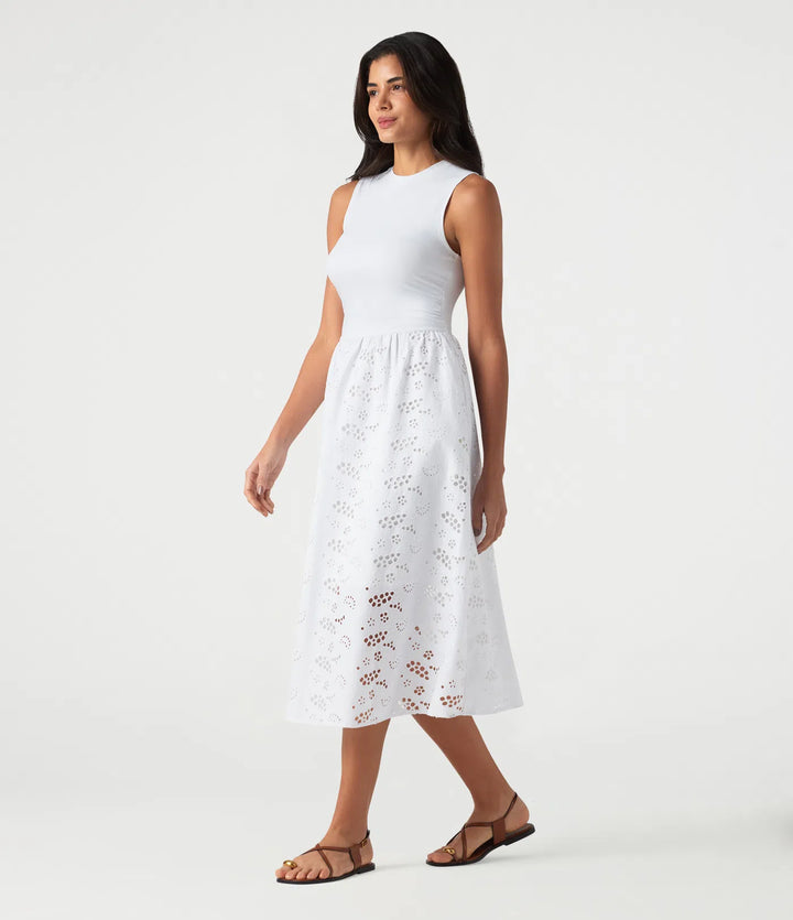 Round Neck Sleeveless Midi Embroidery Eyelet Resort Dress with Pockets
