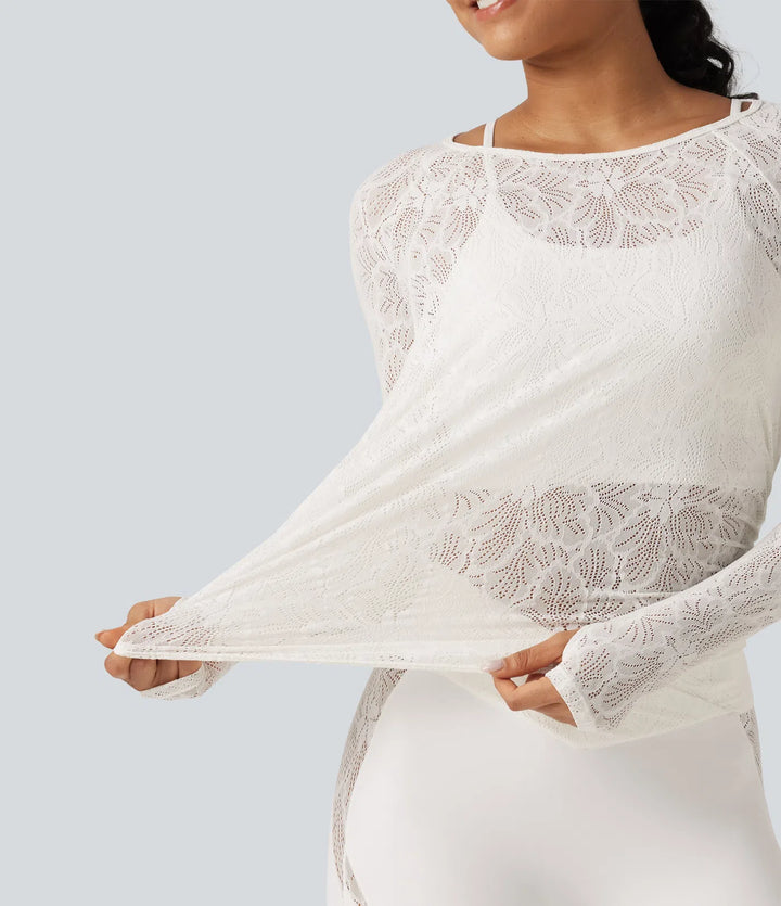 Cut Out Long Sleeve Thumb Hole Ruched Lace Yoga Sports Top