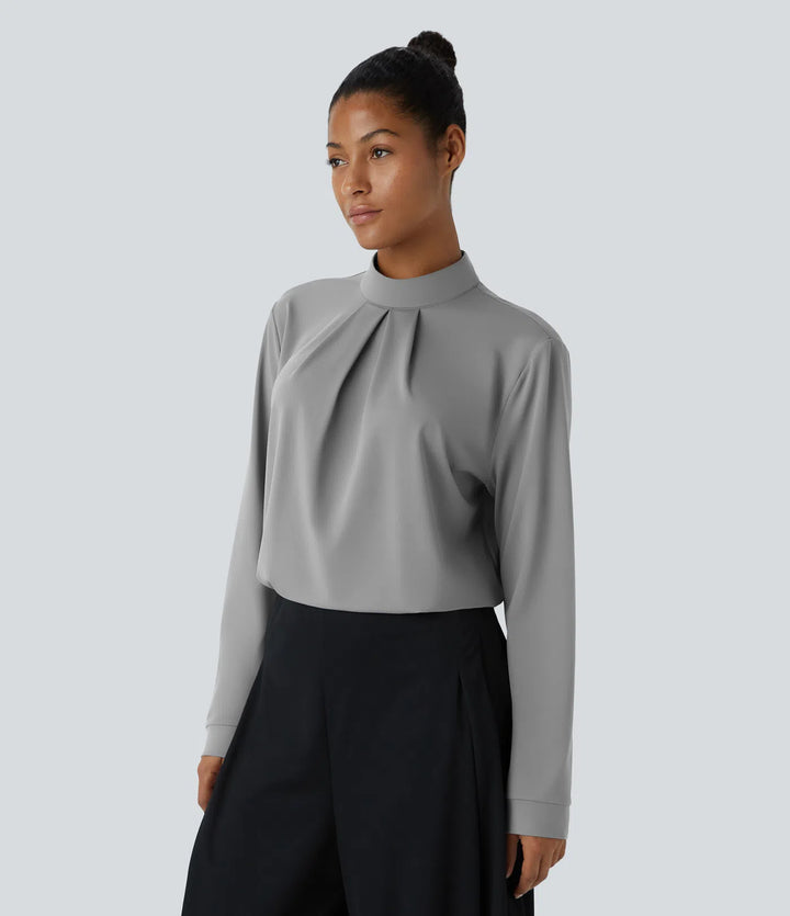 Stand Collar Back Long Sleeve Work Blouse