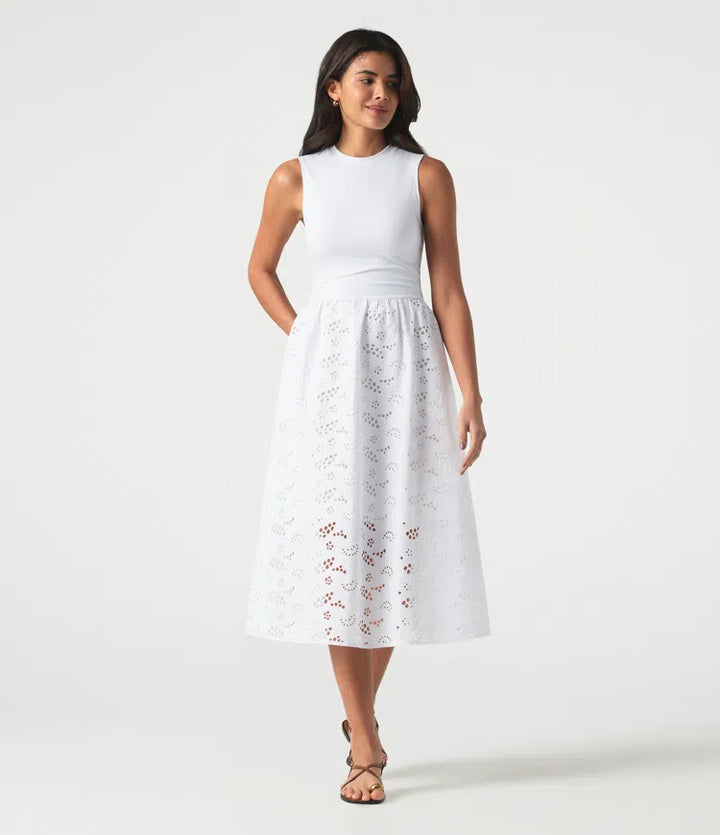 Round Neck Sleeveless Midi Embroidery Eyelet Resort Dress with Pockets