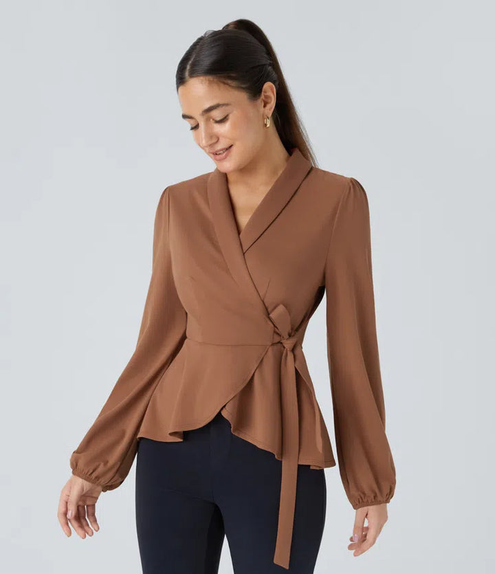 Shawl Collar Wrapped Tie Side Ruffle Hem Work Blouse