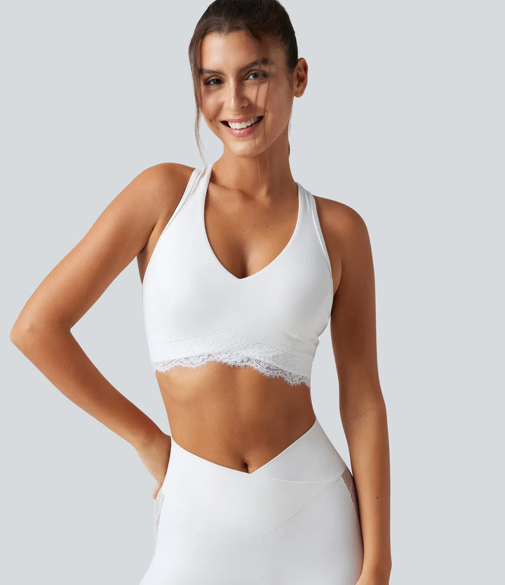 Halara UltraSculpt Low Support V Neck Built-in Bra Racerback Contrast Lace Workout Sports Bra