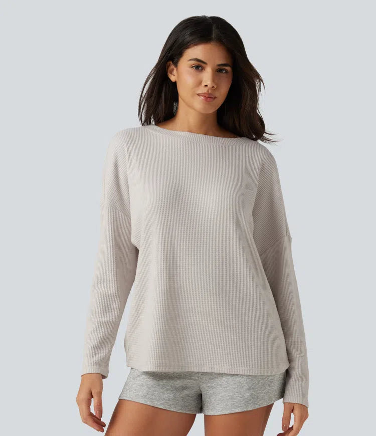 Boat Neck Batwing Long Sleeve Ruched Waffle Lounging Top