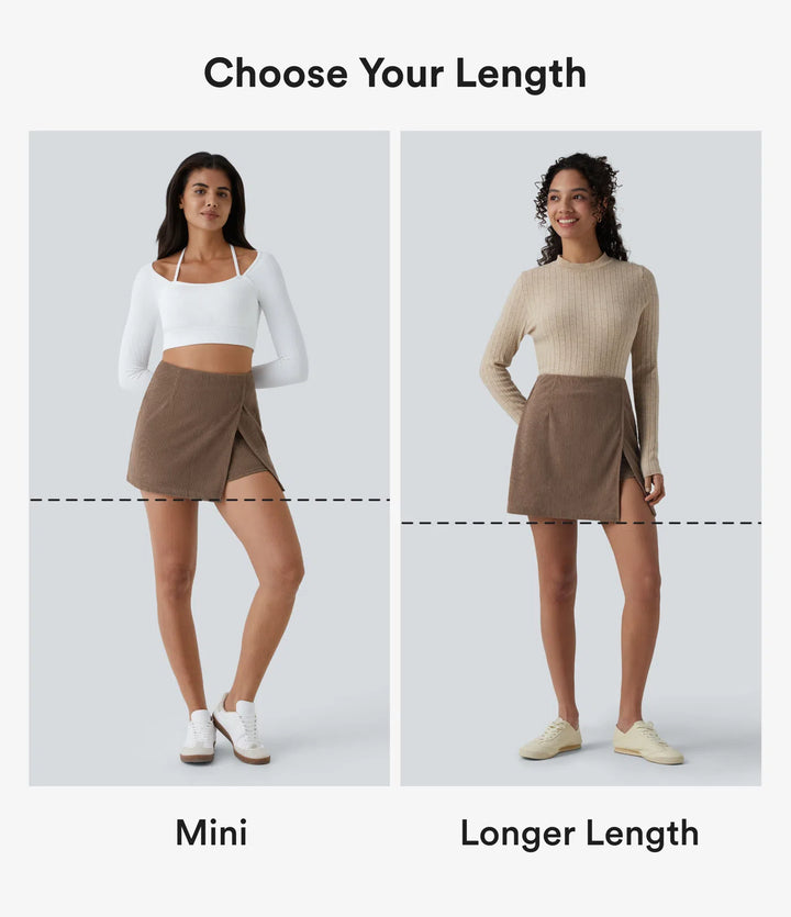 High Waisted Back Zipper Split Hem 2-in-1 Corduroy Casual Skirt-Longer Length
