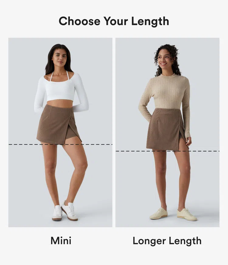 High Waisted Back Zipper Split Hem 2-in-1 Corduroy Casual Skirt-Longer Length