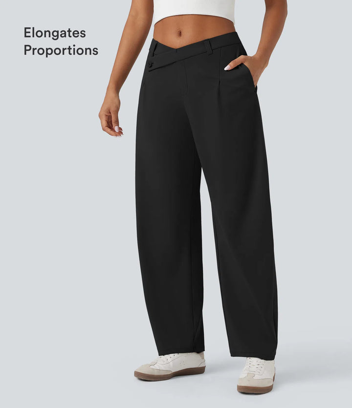 Halara Flex DayStretch Asymmetric Mid Rise Barrel Leg Work Pants with Pockets