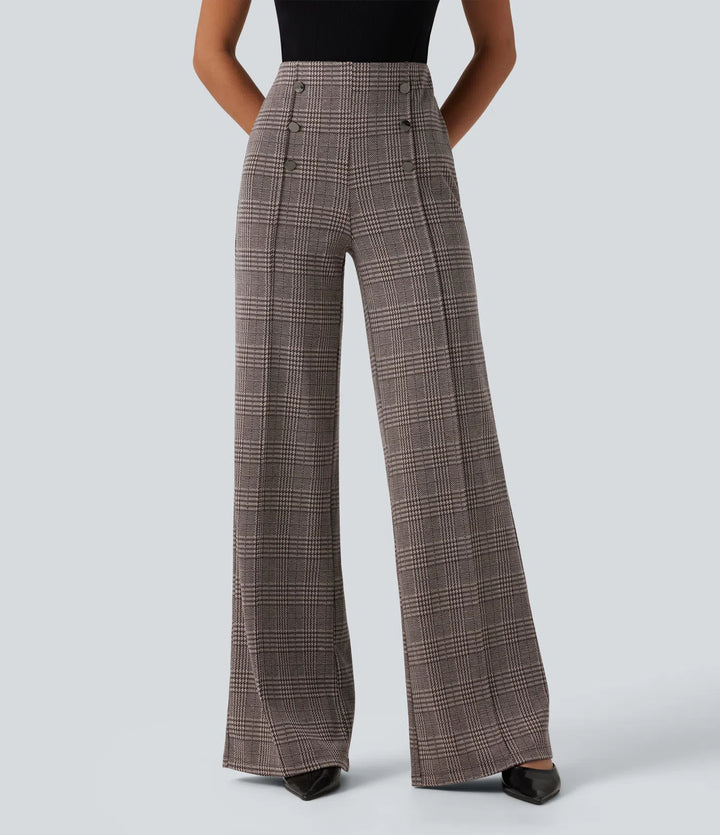 High Waisted Wide Leg Plaid Casual Pants with Pockets