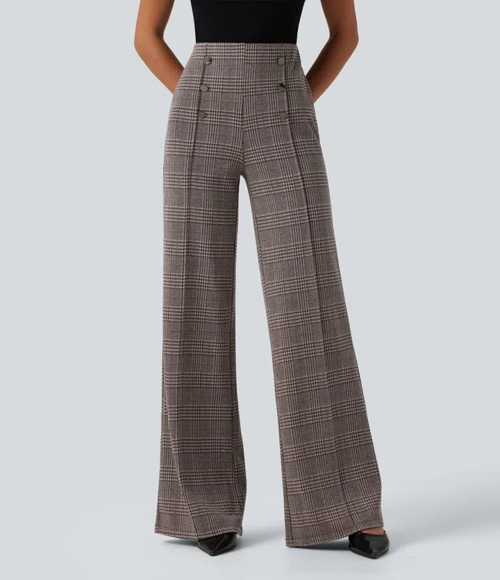 High Waisted Wide Leg Plaid Casual Pants with Pockets