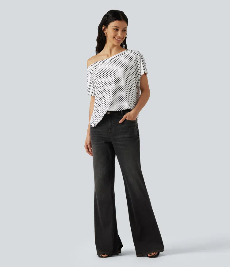 One Shoulder Short Sleeve Curved Hem High Low Built-in Bra Polka Dot Casual Top