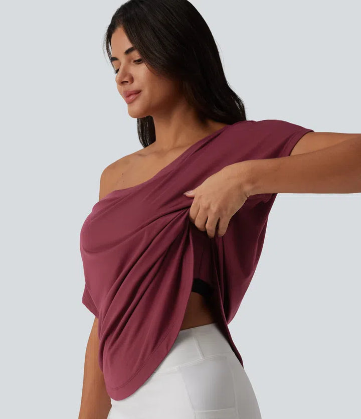 One Shoulder Short Sleeve Curved Hem High Low Quick Dry Yoga Sports Top-Built-in Bra