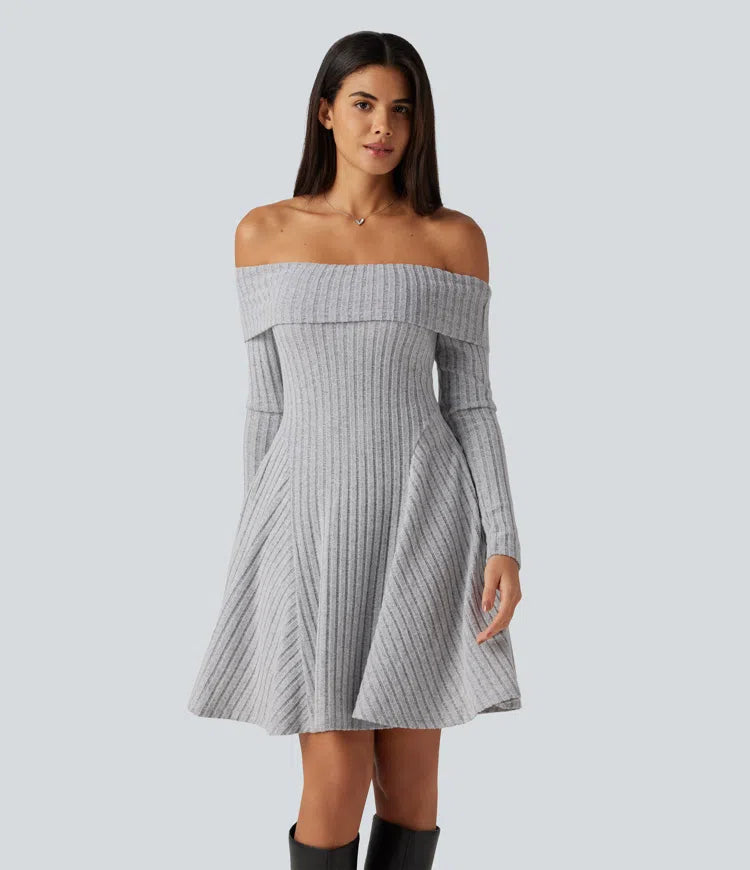 Ribbed Knit Off Shoulder Long Sleeve Built-in Bra Mini Casual Dress with Pockets