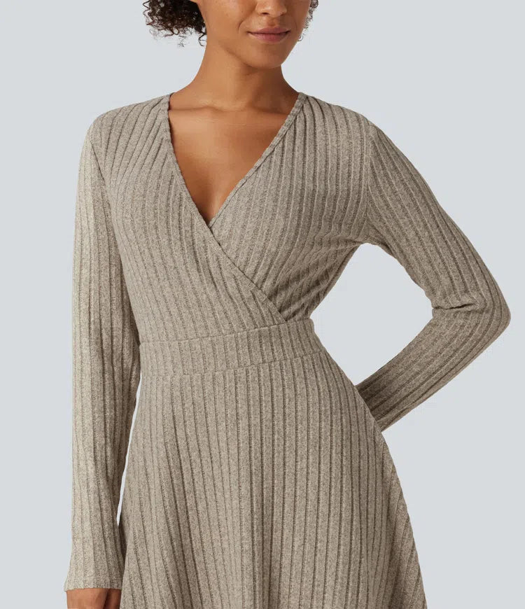 Ribbed Knit V-Neck Crossover Long Sleeve Mini Casual Dress