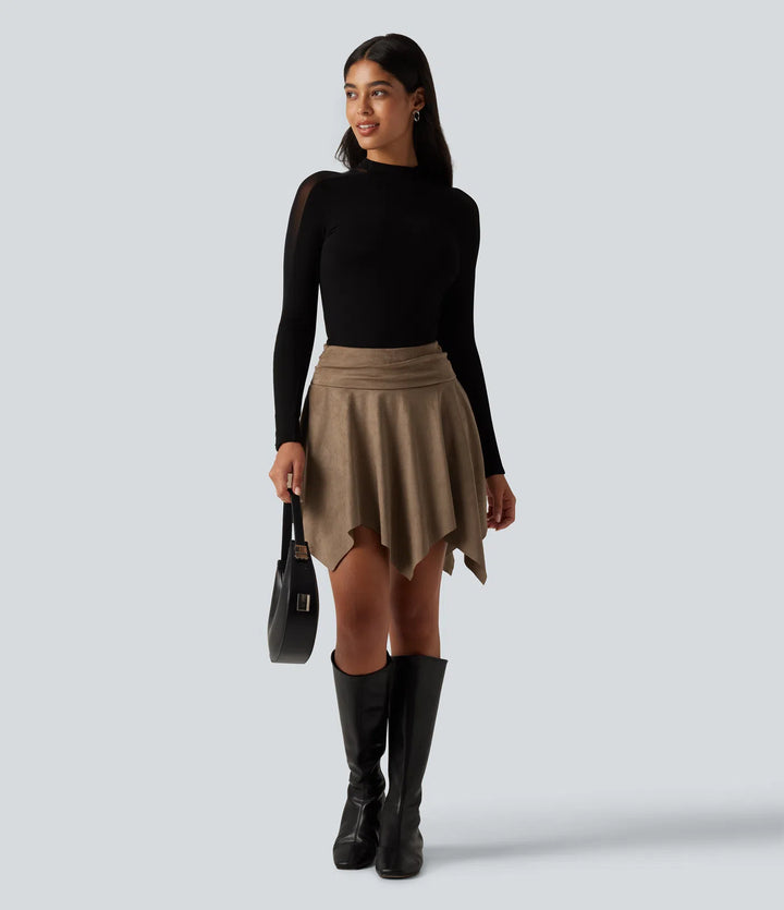 High Waisted Ruched Asymmetric A Line 2-in-1 Suede Mini Casual Skirt