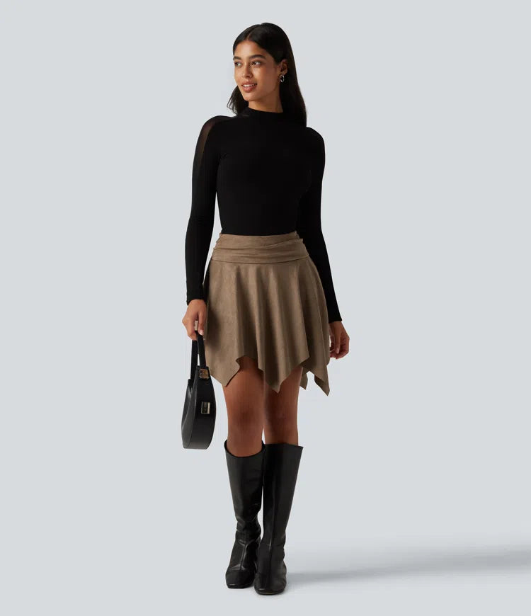 High Waisted Ruched Asymmetric A Line 2-in-1 Suede Mini Casual Skirt