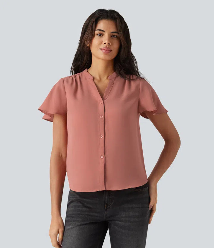 V-neck Flounce Sleeve Curved Hem Casual Blouse