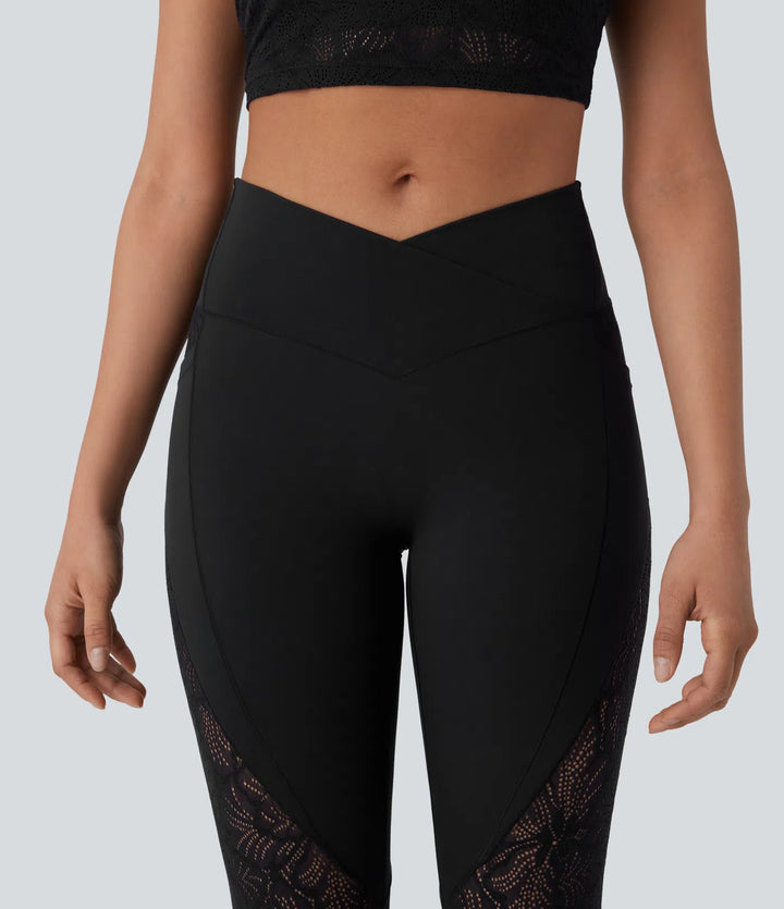 SoftlyZero High Waisted Crossover Pocket Contrast Lace 7/8 Yoga Leggings