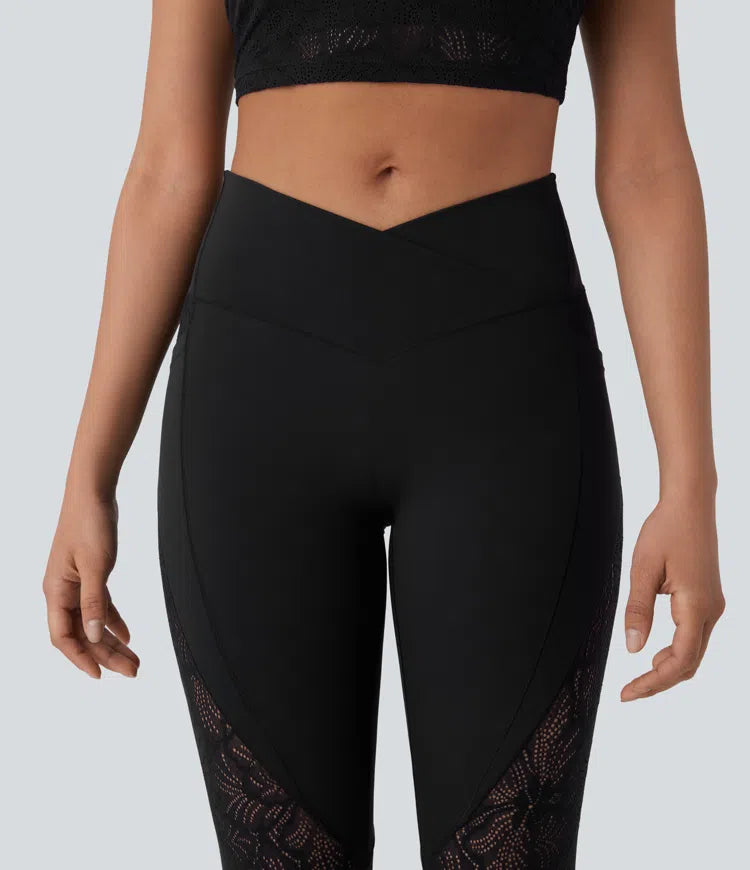 SoftlyZero High Waisted Crossover Pocket Contrast Lace 7/8 Yoga Leggings