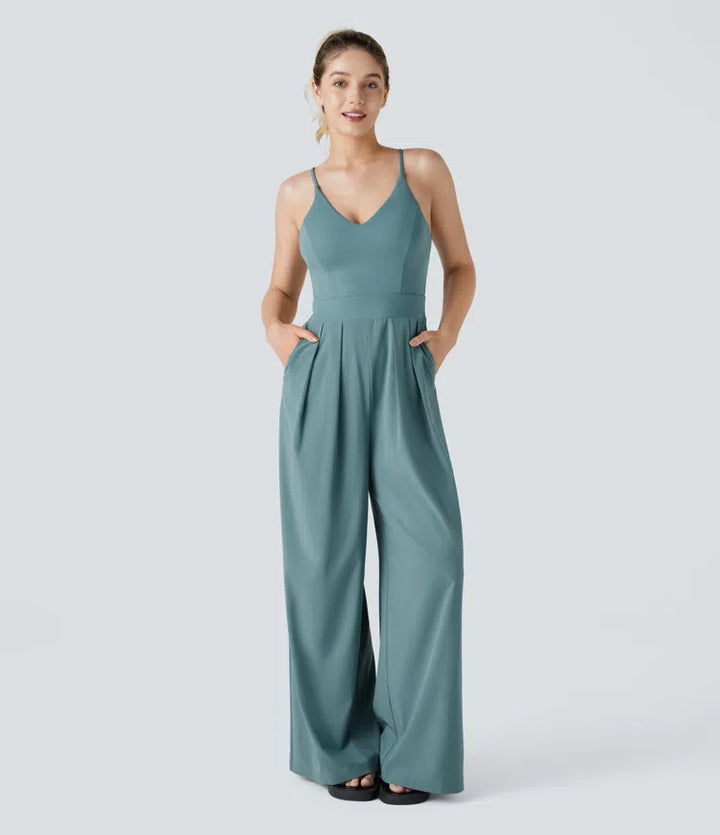 Breezeful Backless Side Invisible Zipper Pocket Wide Leg Quick Dry Resort Slip Jumpsuit