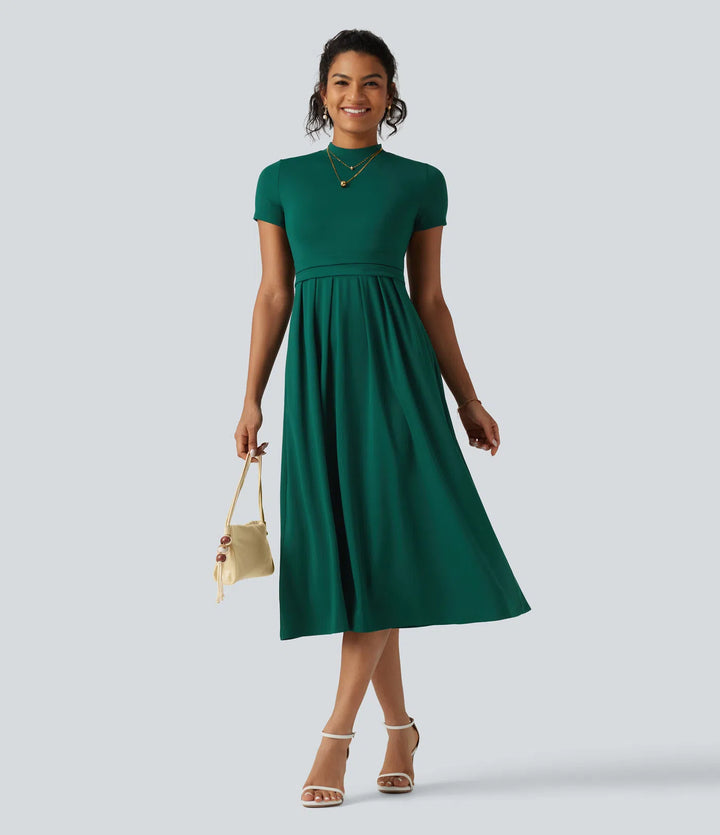Stand Collar Short Sleeve Flare Midi Casual Dress with Pockets
