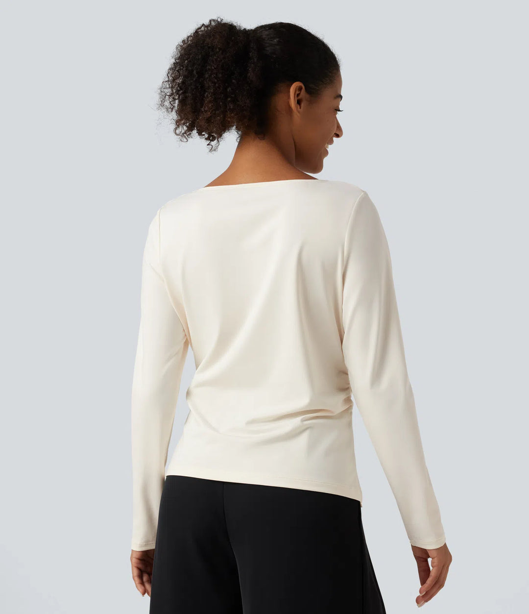 Asymmetric Cowl Neck Long Sleeve Ruched Slit Hem Work Blouse