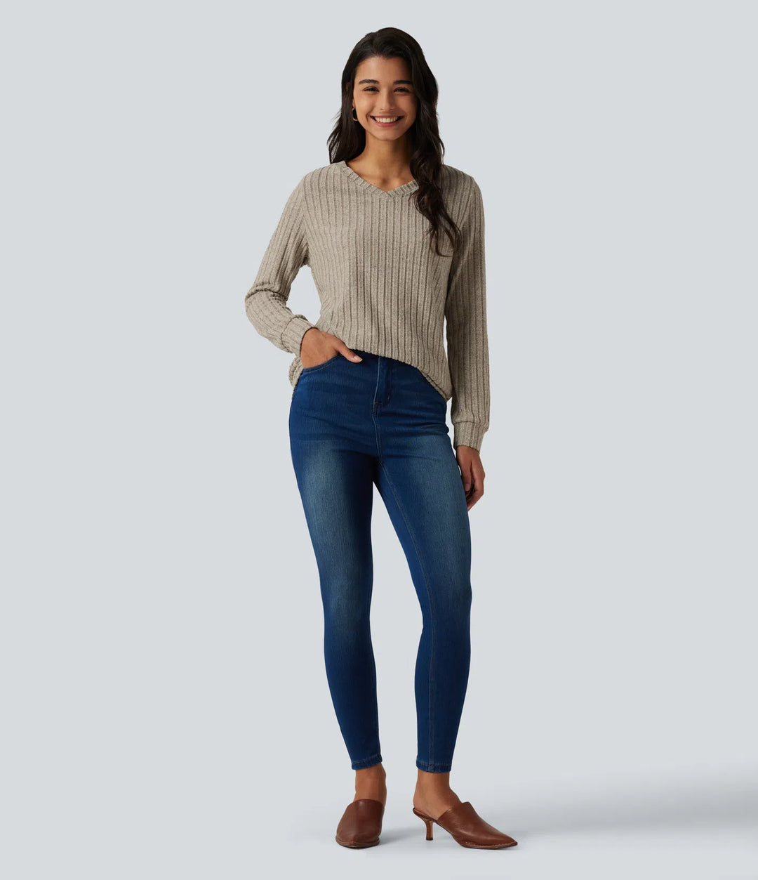 Ribbed Knit V Neck Long Sleeve Casual T-Shirt