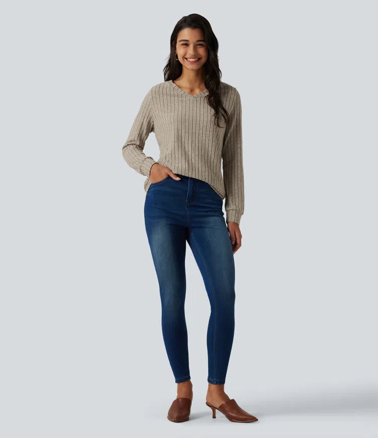 Ribbed Knit V Neck Long Sleeve Casual T-Shirt