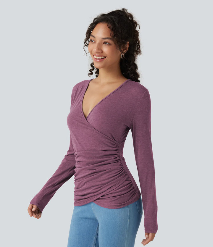 V Neck Long Sleeve Ruched Casual Top