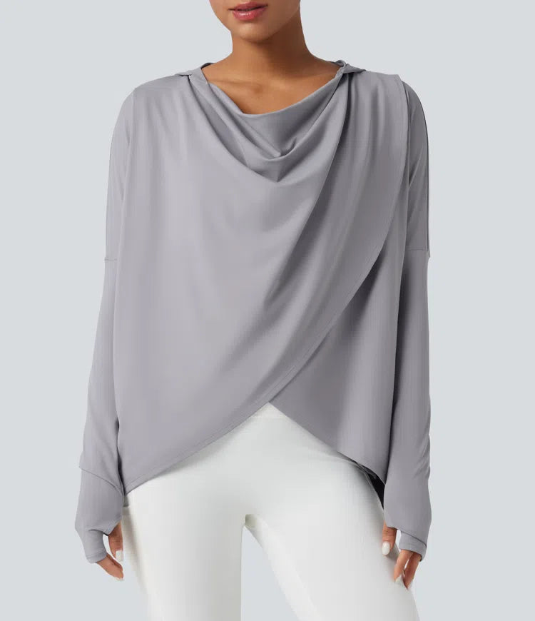 Hooded Cowl Neck Long Sleeve Thumb Hole Yoga Sports Top with Pockets
