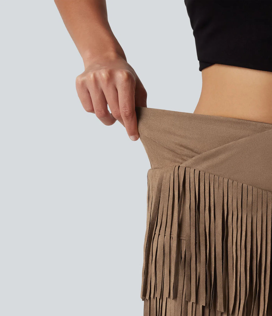 Crossover High Waisted 2-in-1 Fringe Hem Bodycon Mini Suede Party Skirt-Longer Length