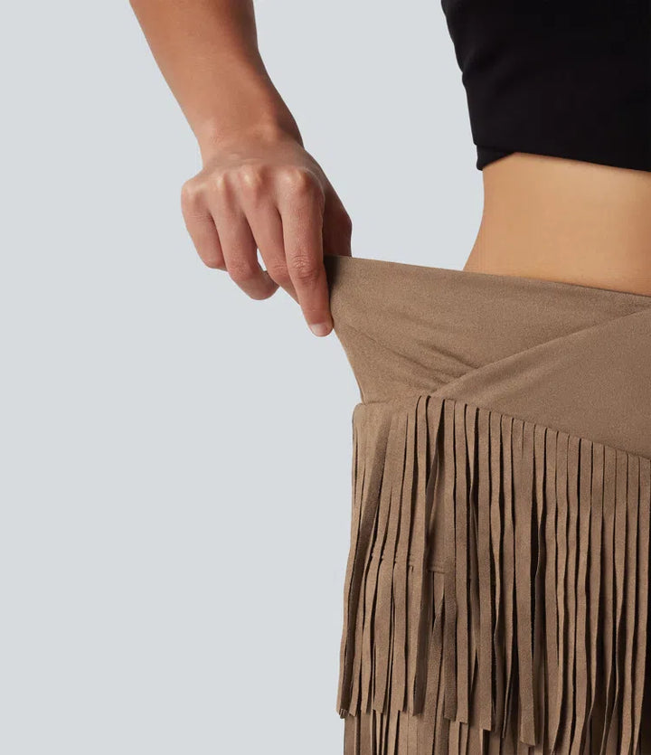 Crossover High Waisted 2-in-1 Fringe Hem Bodycon Mini Suede Party Skirt-Longer Length