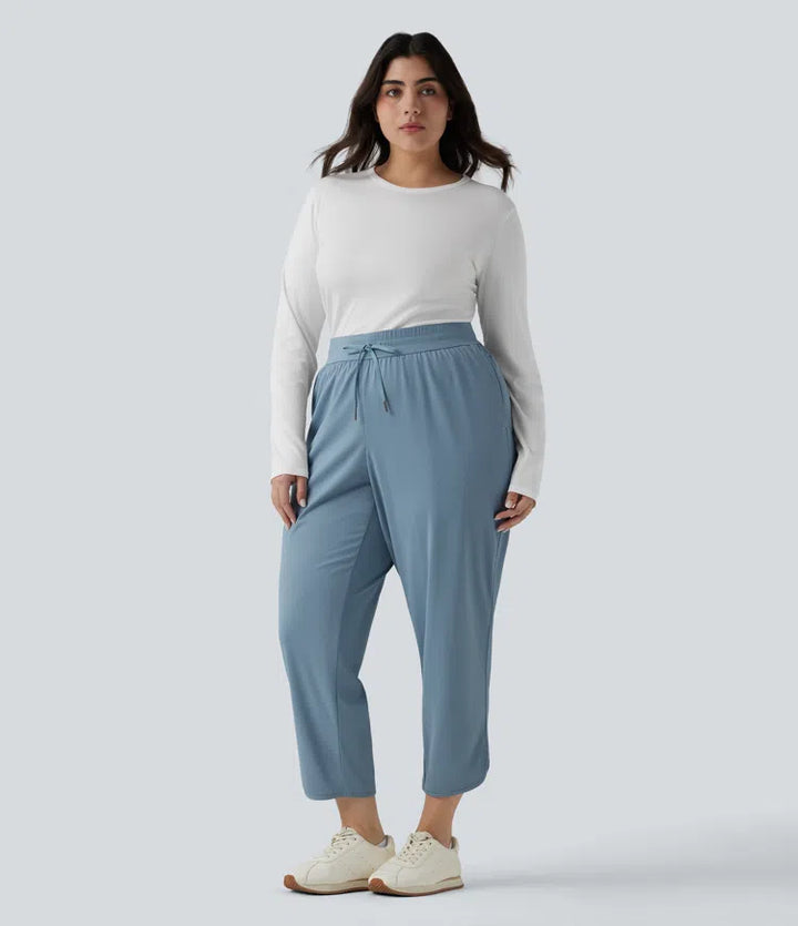 Plus Size Mid Rise Drawstring Curved Hem Quick Dry Golf Tapered Pants with Pockets-UPF40+