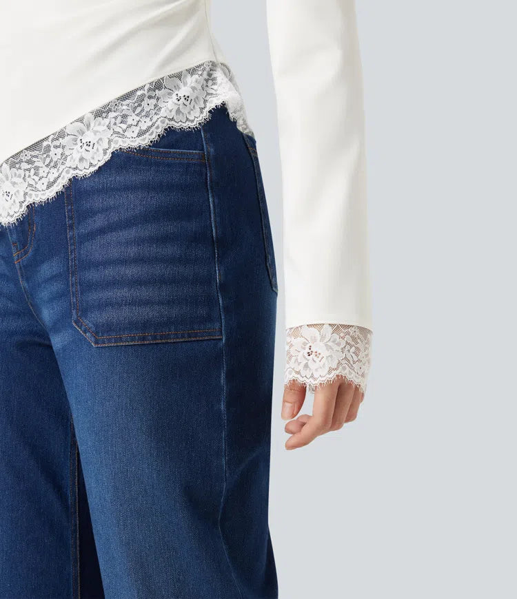 Boat Neck Long Sleeve Contrast Lace Asymmetric Hem Casual Top