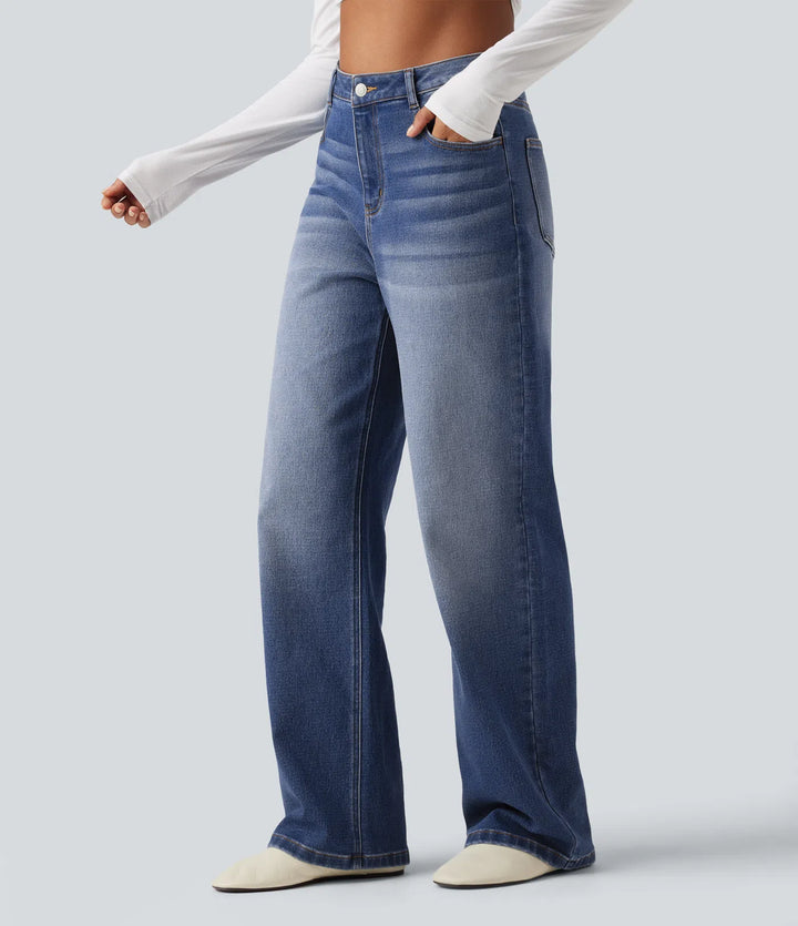 High Waisted Straight Leg Casual Jeans with Pockets