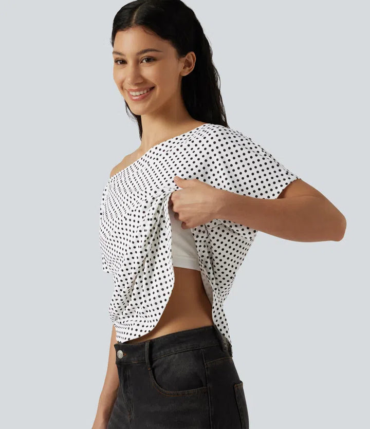 One Shoulder Short Sleeve Curved Hem High Low Built-in Bra Polka Dot Casual Top