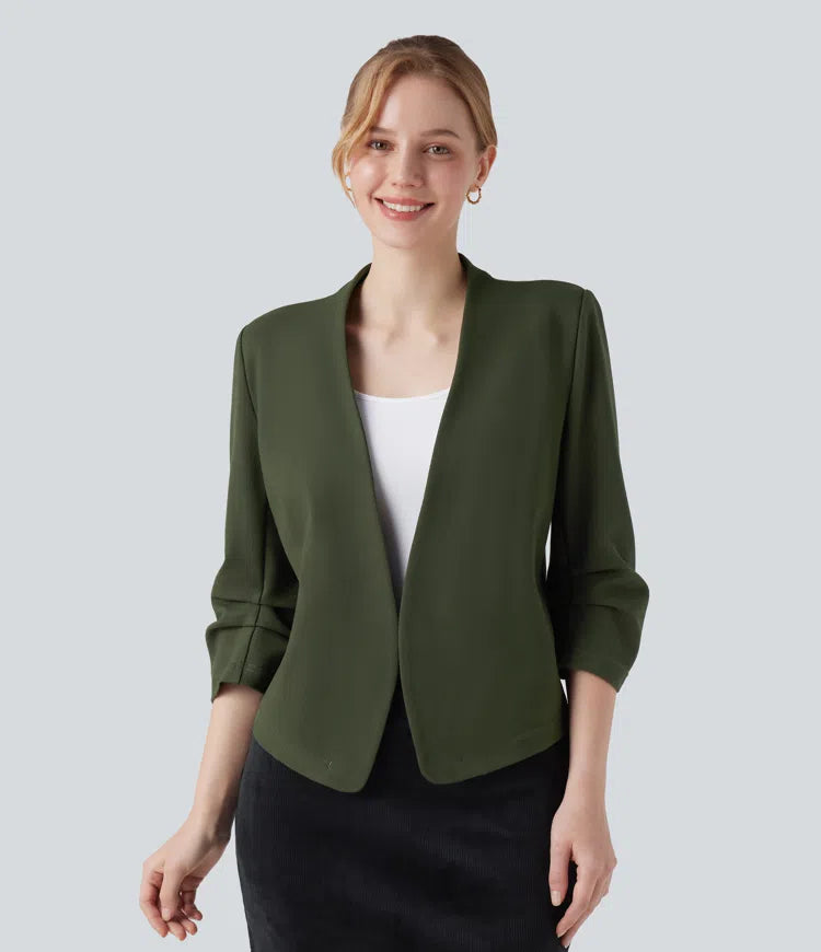 Wear-Resistant V-neck 3/4 Sleeve Ponte Roma Work Blazer