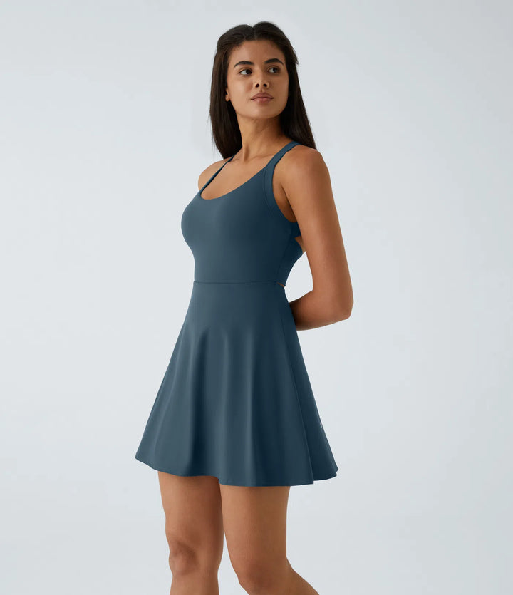 SoftlyZero Airy Backless Twisted Flare Low Support Dance Active Dress-Longer Length-Easy Peezy Edition A-D Cups