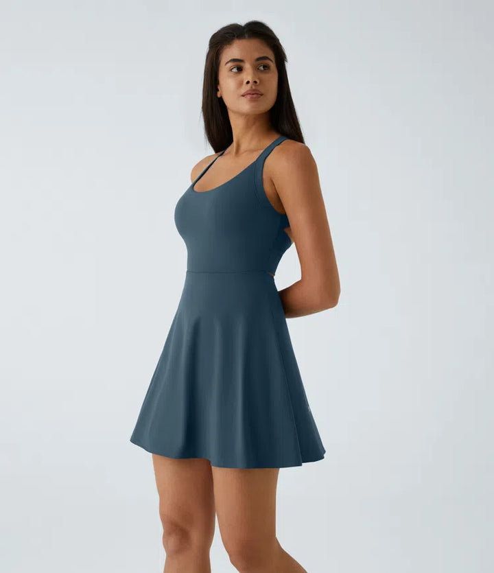 SoftlyZero Airy Backless Twisted Flare Low Support Dance Active Dress-Longer Length-Easy Peezy Edition A-D Cups