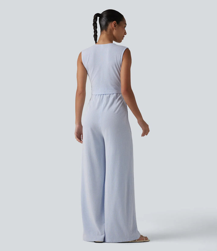 V Neck Sleeveless Built-in Bra Stripe Casual Jumpsuit with Pockets-Easy Peezy Edition