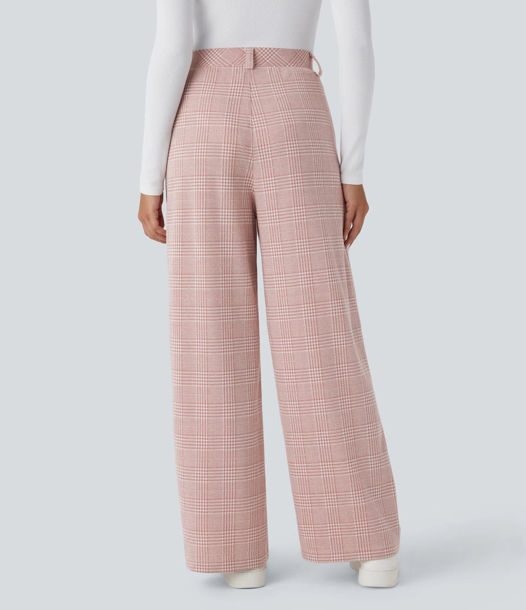 High Waisted Pocket Wide Leg Baggy Houndstooth Plaid Casual Pants