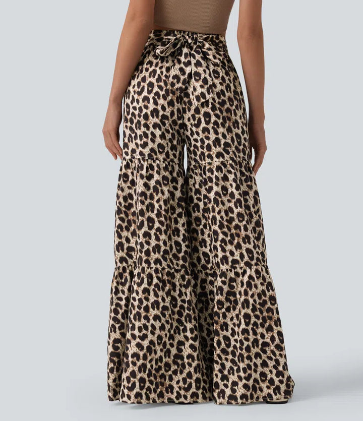 Mid Rise Tie Front Baggy Leopard Print Casual Pants with Pockets