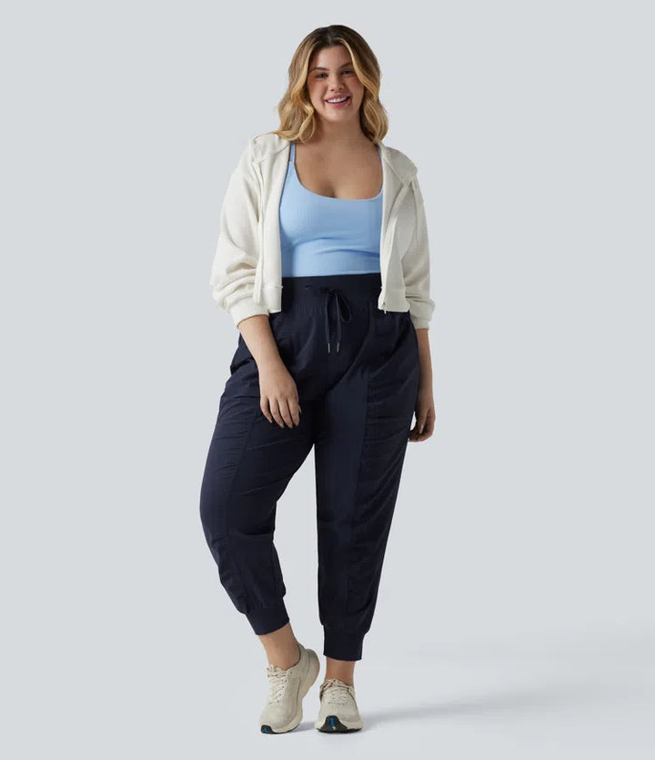 Plus Size High Waisted Drawstring Ruched Tapered Quick Dry InstantCool Dance Joggers with Pockets-UPF40+
