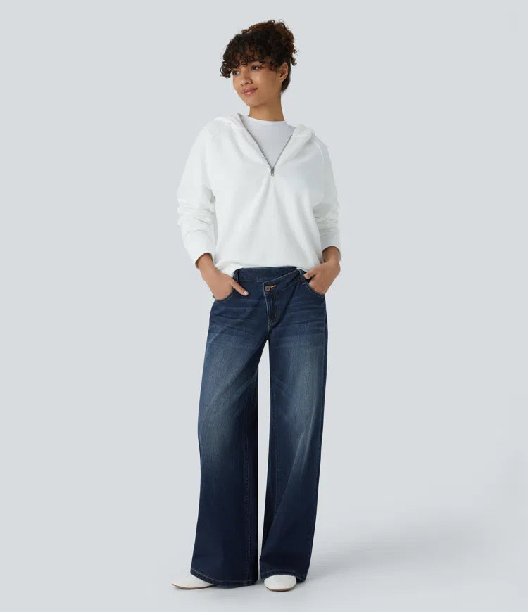 Halara Flex Asymmetric Low Rise Zipper Pockets Baggy Wide Leg Washed Casual Jeans