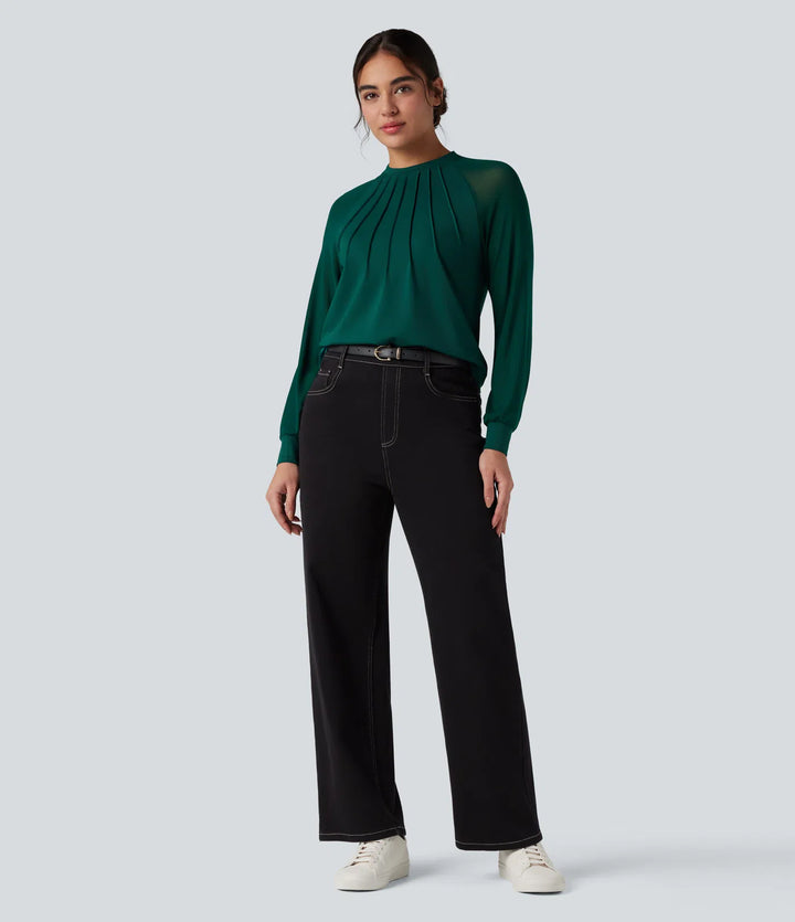 Round Neck Raglan Long Sleeve Contrast Mesh Casual Blouse