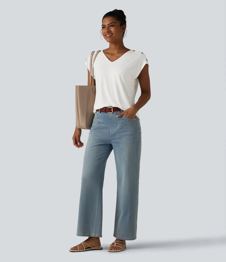 V Neck Decorative Button Cap Sleeve Relaxed Casual T-Shirt