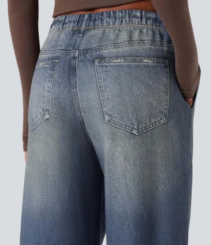 Mid Rise Denim Print French Terry Casual Sweatpants Jeans with Pockets