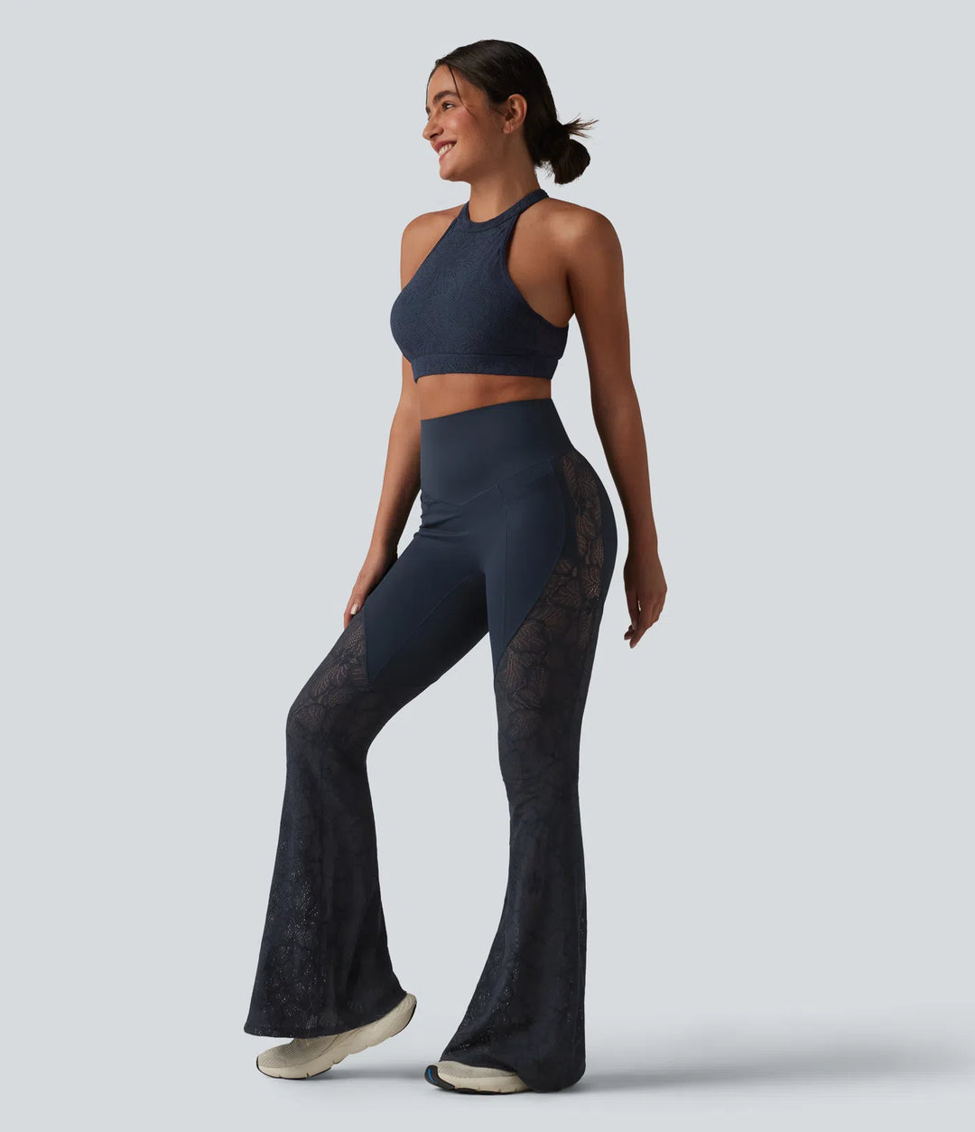 Halara UltraSculpt High Waisted Tummy Control Contrast Lace Yoga Flare Leggings with Pockets