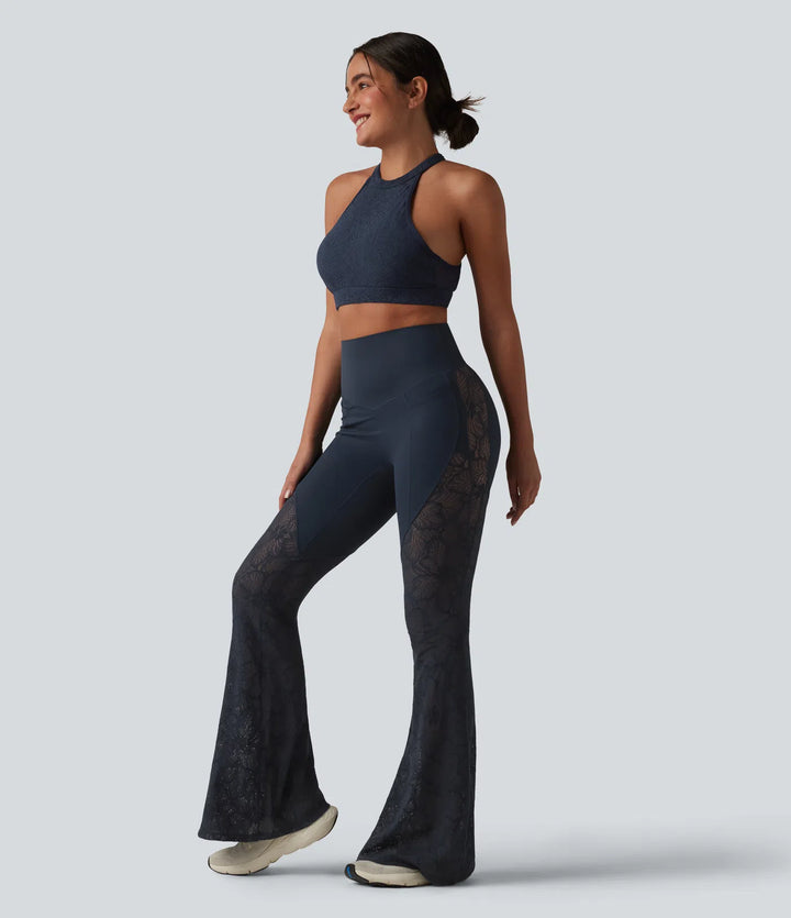 Halara UltraSculpt High Waisted Tummy Control Contrast Lace Yoga Flare Leggings with Pockets