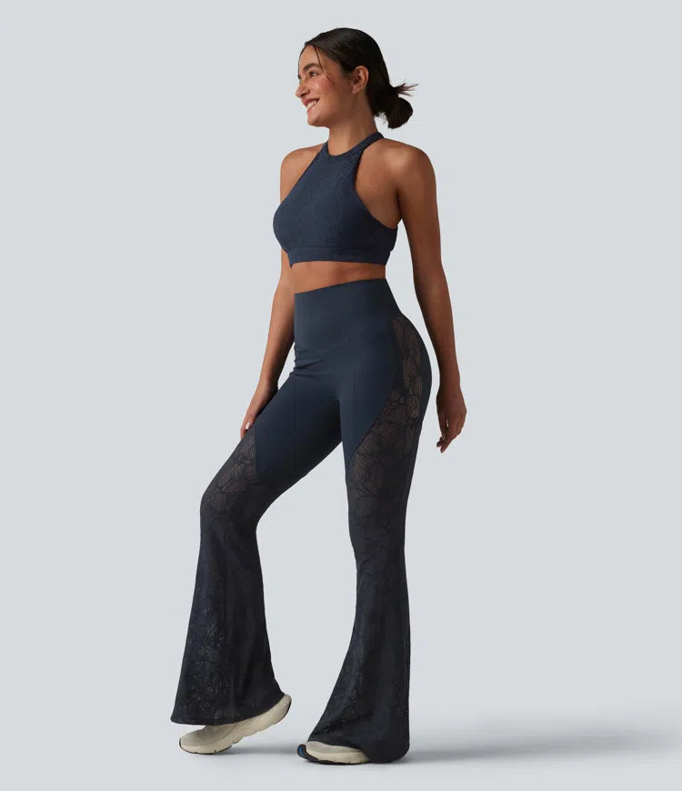 Halara UltraSculpt High Waisted Tummy Control Contrast Lace Yoga Flare Leggings with Pockets