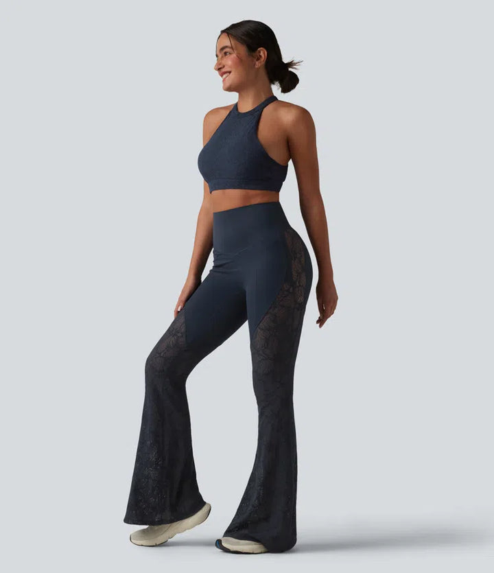 Halara UltraSculpt High Waisted Tummy Control Contrast Lace Yoga Flare Leggings with Pockets