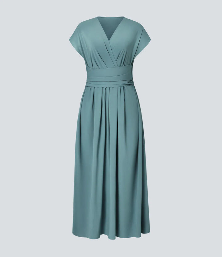 Breezeful V Neck Short Sleeve Pocket Tie Back Quick Dry Midi Casual Dress-Longer Length